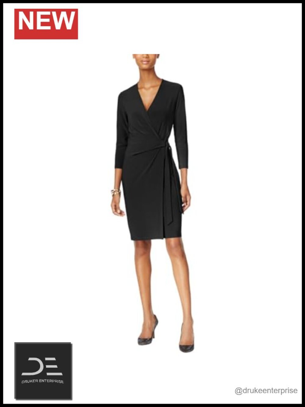 Faux Wrap Dress 3/4 Sleeve V-Neck Ruffled Work Business Casual